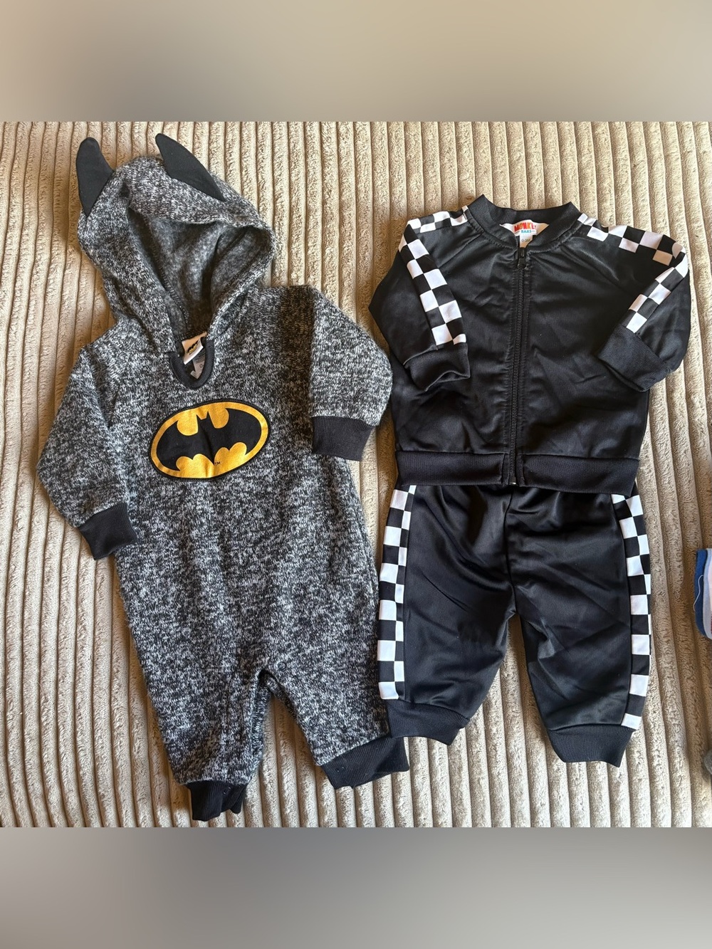 2 sets: Batman Hooded Baby Romper, and a sweet racing outfit for your mini racer